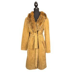 Vintage Tan Suede Leather Coat Faux Fur Collar Penny Lane Jacket Boho, 70s